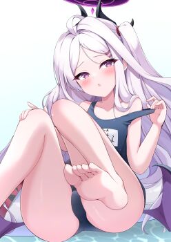 1girl :o absurdres ahoge bare_arms bare_legs bare_shoulders barefoot black_halo black_horns blue_archive blue_one-piece_swimsuit blush breasts collarbone demon_girl demon_horns demon_wings dot_nose feet flat_chest hair_ornament hair_over_shoulder hairclip half-closed_eyes halo hand_on_own_knee hand_up highres hina_(blue_archive) hina_(swimsuit)_(blue_archive) horns knees_up loli long_hair low_wings multiple_horns name_tag old_school_swimsuit on_water one-piece_swimsuit open_mouth parted_bangs purple_eyes school_swimsuit side_ponytail simple_background small_breasts soles solo strap_slip swim_ring swimsuit swimsuit_under_clothes tenshoo thighs toes very_long_hair white_background white_hair white_innertube wings
