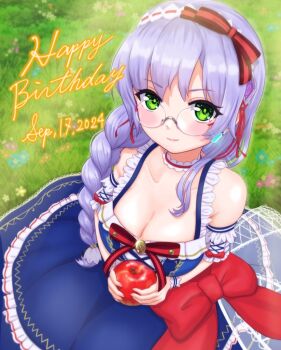 Rule 34 | bow, braid, breasts, cleavage, commentary request, food, fruit, glasses, grass, green eyes, hair bow, happy birthday, headdress, heaven burns red, holding, holding food, holding fruit, izumi yuki (heaven burns red), large breasts, long hair, looking at viewer, purple hair, red hood, sybilla (batvb)