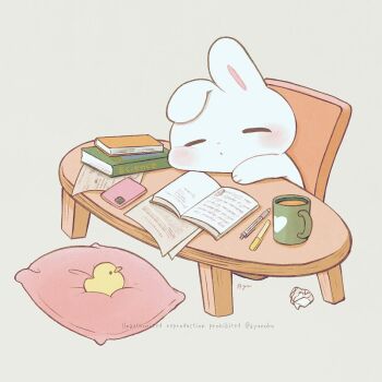 animal animal_focus ayu_(mog) bird blush book cellphone chair closed_eyes commentary commentary_request cup duck english_commentary grey_background head_on_table mixed-language_commentary no_humans open_book original pen phone rabbit romaji_commentary signature simple_background sitting sleeping smartphone table twitter_username watermark