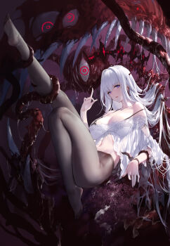 1girl absurdly_long_hair bare_shoulders black_pantyhose breasts cleavage eldritch_abomination full_body highres large_breasts large_variant_set long_hair looking_at_viewer lying on_back open_mouth original outstretched_leg pantyhose purple_eyes restrained revealing_clothes saliva saliva_trail sharp_teeth slime_(substance) swd3e2 teeth tentacles toes variant_set very_long_hair white_hair