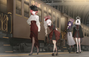 4girls absurdres aru_(blue_archive) black_jacket blue_archive blush commentary demon_horns drill_hair full_body halo haruka_(blue_archive) high-waist_skirt highres hit_by_hit horns jacket jacket_on_shoulders kayoko_(blue_archive) looking_at_viewer multiple_girls mutsuki_(blue_archive) outdoors pink_hair pointy_ears problem_solver_68_(blue_archive) purple_hair red_skirt shirt skirt smile suspender_skirt suspenders tile_floor tiles train train_station white_hair white_shirt