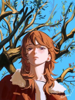 1girl autumn autumn_leaves blue_sky earrings expressionless fur_collar fur_trim highres hoop_earrings jacket jewelry leaf looking_at_viewer looking_down orange_hair original outdoors pink_eyes portrait roru_(lol_dessin) sky sunlight tree wind wind_lift