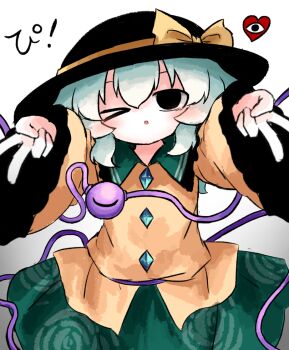 1girl black_hat double_v floral_print floral_print_skirt green_hair green_skirt hat heart heripantomorrow komeiji_koishi looking_at_viewer one_eye_closed print_skirt rose_print shirt short_hair skirt solo third_eye touhou v wide_sleeves yellow_shirt