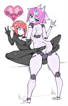 ass black_skin blue_eyes blush breasts clover_(polynian) colored_skin devil_horns_(gesture) doll_joints green_eyes heart joints machaon_(polynian) matsunashi7 peace_symbol pink_hair red_hair robot robot_neoanthropinae_polynian sex tagme testicles white_skin