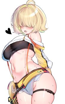 1girl absurdres ahoge arms_behind_back black_sports_bra blonde_hair blush breasts carasyun clothing_cutout crop_top cropped_sweater elegg_(nikke) exposed_pocket fang goddess_of_victory:_nikke grey_shorts hair_intakes hair_over_eyes heart highres hip_bones large_breasts long_bangs long_sleeves micro_shorts midriff multicolored_hair navel open_mouth short_hair shorts shoulder_cutout simple_background skin_fang skindentation solo sports_bra suspender_shorts suspenders sweat sweater thigh_strap thighs two-tone_hair white_background