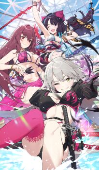 Rule 34 | 3girls, ;d, ahoge, asymmetrical dual wielding, bangle, between fingers, bikini, black bikini, black gloves, bracelet, breasts, breasts apart, brown hair, cleavage, closed mouth, commentary request, creature, cropped jacket, dual wielding, fate/grand order, fate (series), finger gun, fingernails, gae bolg (fate), gloves, grey eyes, hair between eyes, hair intakes, hair ornament, hand on own arm, hayashi kewi, holding, holding sword, holding weapon, japanese clothes, jeanne d'arc alter (fate), jeanne d'arc alter (swimsuit berserker) (fate), jewelry, katana, katsushika hokusai (fate), katsushika hokusai (swimsuit saber) (fate), long hair, looking at viewer, medium hair, multiple bracelets, multiple girls, navel, o-ring, octopus, official art, one eye closed, open mouth, parted bangs, pink bikini, pink nails, pink sarong, pink thighhighs, purple hair, red eyes, sarong, scathach (fate), scathach (fate/grand order), scathach (swimsuit assassin) (fate), sheath, sheathed, short hair, side-tie bikini bottom, sidelocks, single thighhigh, smile, smoke, splashing, swimsuit, sword, teeth, thighhighs, third-party source, three section staff, underboob, upper teeth only, v-shaped eyebrows, water, weapon, white bikini, white hair, yellow eyes