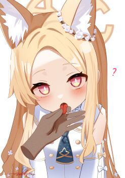 1boy 1girl ? animal_ear_fluff animal_ears ascot bare_shoulders blonde_hair blue_archive blue_ascot blush breasts bright_pupils censored collared_dress dark-skinned_male dark_skin detached_sleeves double-parted_bangs dress extra_ears flower flower_wreath forehead fox_ears fox_girl hair_flower hair_ornament halo heart highres loli looking_at_viewer one_eye_closed open_mouth pulling_tongue red_eyes seia_(blue_archive) sidelocks signature simple_background small_breasts solo_focus tongue tongue_out upper_body white_background white_dress white_pupils white_sleeves yellow_halo zds