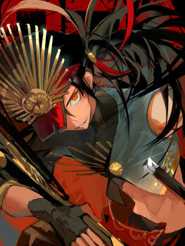 1boy asymmetrical_clothes black_hair character_name commentary_request crest family_crest fate/grand_order fate_(series) fiery_hair gloves hair_between_eyes hat highres long_hair looking_at_viewer male_focus military_hat oda_kippoushi_(fate) oda_nobunaga_(fate) oda_uri open_mouth pants peaked_cap ponytail red_eyes shirt single_sleeve smile suzuhi_(fullprayer) weapon