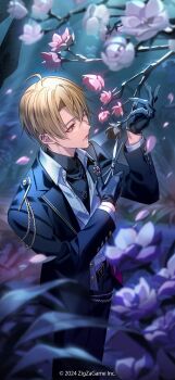 1boy ahoge belt bishounen black_belt black_gloves black_jacket black_pants black_shirt blonde_hair blurry blurry_background blurry_foreground branch buttons chain cherry_blossoms closed_mouth collared_shirt commentary_request copyright_notice cowboy_shot depth_of_field falling_petals flower formal_clothes from_above gem glint gloves hair_between_eyes half_gloves hand_up highres holding holding_scissors jacket jewelry lapels leaf long_sleeves male_focus manomenou mizuki_rui_(tokyo_debunker) necklace open_clothes open_jacket outdoors pants pendant petals pink_eyes pink_flower pink_petals scissors shirt short_hair smile solo standing suit suit_jacket tokyo_debunker tree turtleneck wallet_chain white_shirt