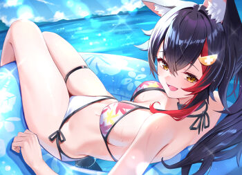 1girl :d animal_ear_fluff animal_ears bikini black_hair blue_sky breasts cleavage cloud commentary_request crossed_bangs day double-parted_bangs hair_between_eyes hair_ornament hairclip highres hololive large_breasts leaf_print long_hair looking_at_viewer lying multicolored_hair navel ocean official_alternate_costume official_alternate_hairstyle ookami_mio ookami_mio_(hololive_summer_2019) open_mouth outdoors print_bikini red_streaks side-tie_bikini_bottom single_hair_streak single_sidelock sky smile solo stomach streaked_hair swimsuit tail thigh_strap togemaru34 virtual_youtuber white_bikini wolf_ears wolf_girl wolf_tail yellow_eyes