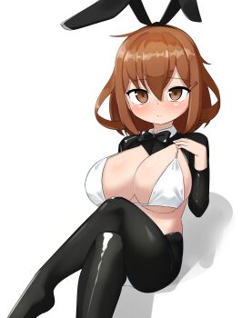 1girl absurdres alternate_breast_size_(larger) animal_ear_hairband animal_ears bikini black_bow black_bowtie black_hiphighs black_shrug bow bowtie breasts brown_eyes brown_hair cleavage dated detached_collar fake_animal_ears hairband highres hiphighs ikazuchi_(kancolle) kantai_collection large_breasts maru_(marg0613) one-hour_drawing_challenge rabbit_ears reverse_bunnysuit reverse_outfit short_hair shrug_(clothing) simple_background solo swimsuit twitter_username white_background white_bikini wrist_cuffs