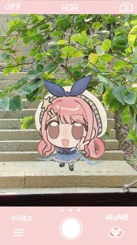 1girl absurdres back_bow beret blue_bow blue_bowtie blue_dress blue_shoes blue_sleeves blue_wrist_cuffs bow bowtie brooch brown_eyes bubbly_voyage_(infinity_nikki) chibi collared_dress commentary_request day dress eyes_visible_through_hair fake_phone_screenshot fake_screenshot frilled_dress frilled_socks frilled_wrist_cuffs frills hair_ornament hair_rings hairclip happy hat hat_bow hat_ornament highres infinity_nikki jewelry light_blush long_hair looking_at_viewer mary_janes medium_dress nikki_(nikki) nikki_(series) open_mouth photo_background pink_hair pleated_dress pleated_sleeves rabbit_hair_ornament shoes short_sleeves sidelocks smile socks solo stairs star_(symbol) star_hat_ornament strapless strapless_dress tareme tree wavy_hair white_hat white_socks wrist_cuffs xianmaobuchiyu