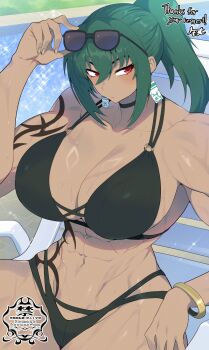 1girl abs adjusting_eyewear arm_tattoo arm_up bikini bilingual_commentary black_bikini black_choker bracelet breasts choker cleavage closed_mouth commentary commission cowboy_shot dark-skinned_female dark_skin earrings english_commentary eyewear_on_head gold_bracelet green_hair hair_between_eyes highres huge_breasts jewelry long_hair looking_at_viewer matsumoto_tomoyohi mixed-language_commentary muscular muscular_female original ponytail red_eyes sidelocks skeb_commission solo stomach sunglasses swimsuit tattoo