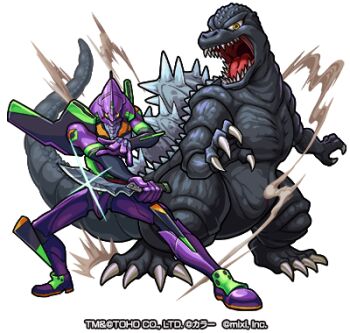 artist_request claws cross_promotion crossover cyborg dinosaur dust english_text eva_01 gainax giant giant_monster giant_robot glint glowing glowing_eyes godzilla godzilla_(series) horns japanese_text kaiju khara_(animation_studio) knife looking_at_viewer mecha mixi monster monster_strike multiple_crossover neon_genesis_evangelion no_humans no_pupils official_art progressive_knife rebuild_of_evangelion robot sharp_teeth simple_background single_horn spikes teeth toho tongue transparent_background weapon yellow_eyes