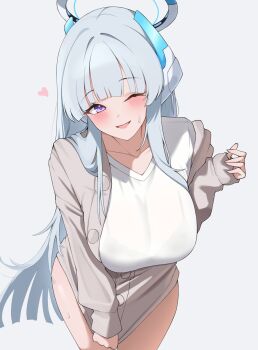 1girl absurdres alternate_costume blue_archive blush bra_visible_through_clothes breasts grey_jacket halo highres jacket lanhua227 large_breasts leaning_forward long_hair looking_at_viewer no_pants noa_(blue_archive) one_eye_closed open_mouth purple_eyes shirt sidelocks solo sweatdrop white_halo white_shirt