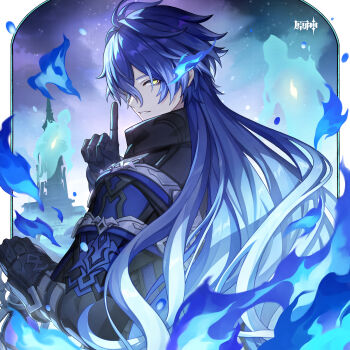 1boy absurdres antenna_hair black_capelet black_coat black_gloves blue_fire blue_hair capelet chinese_commentary cloud coat collared_capelet commentary_request copyright_name crossed_bangs finger_to_mouth fire flins_(genshin_impact) genshin_impact ghost gloves gradient_hair hair_between_eyes hand_up highres holding holding_lantern index_finger_raised lantern long_hair long_sleeves looking_at_viewer looking_back male_focus multicolored_hair night night_sky official_art parted_lips shushing sky sleeve_cuffs smile solo star_(sky) tower upper_body very_long_hair yellow_eyes