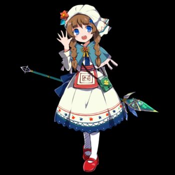 black_background blue_capelet blue_eyes braid brown_hair canalia_(merc_storia) capelet dress flower full_body headband highres holding holding_staff mary_janes merc_storia merc_storia_art_team official_art open_hand open_mouth pantyhose red_flower red_shoes shoes simple_background smile solo spread_fingers staff standing tachi-e teeth twin_braids upper_teeth_only waving white_headband white_pantyhose