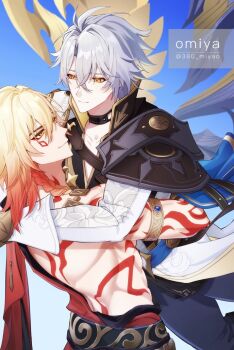 2boys 380_miyao abs antenna_hair arm_tattoo armlet armor asymmetrical_wings back_tattoo black_choker black_coat black_shirt blonde_hair blue_cape braid cape chest_tattoo choker coat commentary_request earrings facial_tattoo gold_earrings gold_necklace gradient_hair honkai:_star_rail honkai_(series) jewelry male_focus medium_hair multicolored_hair multiple_boys mydei_(honkai:_star_rail) necklace open_clothes open_coat parted_bangs pauldrons phainon_(honkai:_star_rail) red_hair red_tattoo shirt short_hair shoulder_armor side_braid single_pauldron tattoo toned toned_male twitter_username white_coat white_hair wings yaoi yellow_eyes