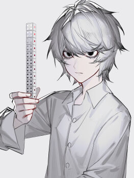 1boy absurdres black_eyes closed_mouth collared_shirt death_note dice empty_eyes grey_hair hair_between_eyes highres holding holding_dice male_focus n_a994014 near_(death_note) shirt short_hair solo white_shirt