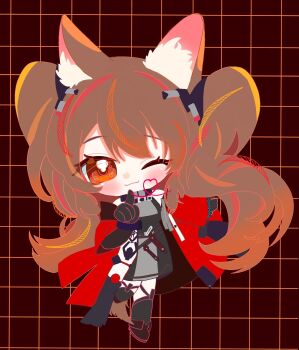 1girl angelina_(arknights) animal_ear_fluff animal_ears arknights arknights:_endfield black_gloves black_thighhighs bracelet brown_hair coat commentary dot_nose dr._mijinko drawn_heart dress fox_ears fox_girl fox_tail full_body gilberta_(arknights) gloves grey_dress high_collar highres infection_monitor_(arknights) jewelry long_hair long_sleeves looking_at_viewer one_eye_closed open_clothes open_coat pointing red_coat red_eyes short_dress sleeveless sleeveless_dress solo symbol-only_commentary tail thighhighs twintails