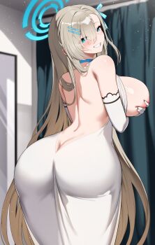 1girl absurdres alternate_costume ass asuna_(blue_archive) asymmetrical_bangs backless_dress backless_outfit bare_shoulders blue_archive blue_halo bluerabbit_gap breasts butt_crack dress elbow_gloves gloves hair_ornament hair_over_one_eye hairclip halo highres huge_breasts long_hair looking_at_viewer looking_back smile solo very_long_hair white_dress white_gloves