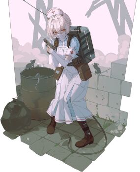 1girl backpack bag boots brown_boots c-eye combat_medic demon_tail diorama dress drum_(container) fn_five-seven gun hair_between_eyes handgun hat highres holding holding_gun holding_weapon horns lace-up_boots looking_to_the_side mask military mouse_(animal) mouth_mask nurse_cap original red_eyes ruins short_hair tail trash_bag trigger_discipline weapon white_dress white_hair
