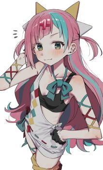 1girl absurdres aqua_bow aqua_bowtie aqua_eyes black_sports_bra blush bow bowtie breasts closed_mouth collarbone cowboy_shot cross_hair_ornament diagonal_bangs hair_ornament hand_up highres long_hair loose_bowtie multicolored_hair original pink_hair print_shirt shirt simple_background single-shoulder_shirt sleeveless sleeveless_shirt small_breasts solo sports_bra standing straight_hair streaked_hair syhan two_side_up very_long_hair white_background white_shirt