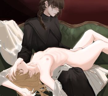 2girls absurdres black_robe black_sleeves blonde_hair bone breasts brown_hair clitoral_stimulation closed_eyes couch deerwhisky fingering hand_on_another's_face highres looking_down lying medium_breasts multiple_girls nipples nude on_back original red_background robe sitting small_breasts unconscious yuri