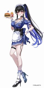 1girl apron back_bow belt black_belt black_collar black_hair black_shoes blue_dress blue_hair bow breasts burger clothing_cutout collar colored_inner_hair commentary cross-laced_clothes cross-laced_dress dress english_commentary flower_knot food fortissimo french_fries frilled_apron frills full_body hair_ornament high_heels highres holding holding_paint_palette hololive hololive_english jewelry lapels large_breasts leg_tattoo long_hair maid_headdress miza8276 mole mole_under_eye multicolored_hair musical_note musical_note_hair_ornament necklace nerissa_ravencroft no_horns notched_lapels open_mouth paint_palette pinstripe_dress pinstripe_pattern puffy_short_sleeves puffy_sleeves purple_eyes shirt shoes short_dress short_sleeves shoulder_cutout side_slit sidelocks simple_background smile socks solo strappy_heels tattoo thigh_strap twitter_username very_long_hair virtual_youtuber waist_apron white_shirt white_socks wrist_cuffs