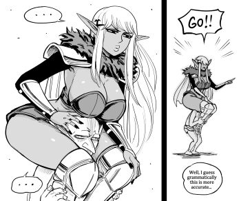 ... 1boy 1girl absurdres bb_(baalbuddy) carrying dark-skinned_female dark_elf dark_skin elf greyscale highres index_finger_raised long_hair looking_to_the_side monochrome original piggyback pointy_ears railanor_(unicorn_overlord) speech_bubble spoken_ellipsis unicorn_overlord white_background