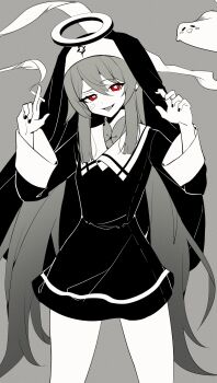 1girl absurdres bandaid bandaid_on_cheek bandaid_on_face black_dress black_nails black_veil boo_tao_(genshin_impact) cigarette dress flower-shaped_pupils genshin_impact grey_background greyscale halo highres holding holding_cigarette homake hu_tao_(genshin_impact) kamippoina_(vocaloid) long_hair monochrome nun piercing simple_background smoke solo_focus spot_color symbol-shaped_pupils tongue_piercing twintails veil very_long_hair vocaloid