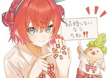 Rule 34 | 1girl, :>, :3, ange katrina, aqua eyes, aqua hairband, arm up, blush, bow, bowtie, cherry pop (vocaloid), closed mouth, clothes around waist, collared shirt, commentary request, creature, doidamon, double bun, gingham bowtie, hair between eyes, hair bun, hair ornament, hairband, hands up, heart, heart hair ornament, heart in eye, highres, holding, holding sign, jewelry, lips, lipstick, looking at viewer, makeup, mandragora, mandragora (ange katrina), matching outfits, medium hair, multicolored hair, nail polish, nijisanji, notice lines, official alternate costume, pointing at hand, pursed lips, red bow, red bowtie, red hair, red nails, red sweater, ring, shirt, short sleeves, sign, simple background, streaked hair, sweater, sweater around waist, symbol in eye, translation request, two-tone hair, upper body, virtual youtuber, white background, white bow, white bowtie, white hair, white shirt