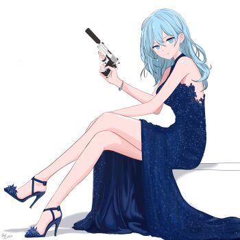 1girl absurdres blue_dress blue_eyes blue_hair blue_nails blue_shoes bracelet closed_mouth commentary crossed_legs dated_commentary dress earrings full_body gun hair_between_eyes hand_up handgun high_heels highres holding holding_gun holding_weapon jewelry legs long_hair looking_at_viewer looking_to_the_side nail_polish original pixcy_(pixcy5) shoes simple_background sitting sleeveless sleeveless_dress solo suppressor trigger_discipline weapon weapon_request white_background