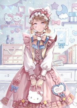 1girl animal_ear_hairband animal_ears bag blonde_hair blue_bow blue_eyes book bow calendar_(object) cat_ear_hairband cat_ears cowboy_shot desk drawer dress dress_bow emma_woods emma_woods_(hello_kitty_dream) english_text fake_animal_ears frilled_dress frilled_shirt_collar frills gold_trim hairband hanaochi_pic head_tilt hello_kitty_(character) highres holding holding_bag identity_v lolita_fashion lolita_hairband looking_at_viewer low_twintails open_book pastel_colors picture_frame pink_bow pink_dress puffy_sleeves sanrio shelf short_twintails smile solo sticker sticker_on_face straight-on sweet_lolita twintails white_sleeves