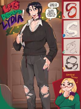 Rule 34 | 2girls, abby (diforland), absurdres, black choker, black hair, black pants, black sweater, blonde hair, breasts, bright pupils, brown eyes, choker, collared shirt, diforland, english text, glasses, green sweater, heart, heart-shaped pupils, highres, jewelry, large breasts, long hair, lydia (diforland), multicolored hair, multiple girls, original, pants, purple hair, purple nails, red-framed eyewear, ring, semi-rimless eyewear, shirt, short hair, skull choker, speech bubble, sweater, symbol-shaped pupils, teeth, torn clothes, torn pants, two-tone hair, upper teeth only, white pupils, white shirt