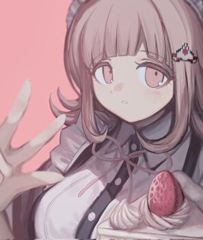 1girl breasts brown_hair collared_dress danganronpa_(series) danganronpa_2:_goodbye_despair dress hair_ornament highres large_breasts maid maid_headdress medium_hair nanami_chiaki neck_ribbon official_alternate_costume pink_background pink_eyes pink_ribbon ribbon simple_background smile solo tago_(matsu0da) teeth