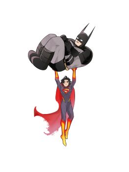 2boys absolute_batman absolute_dc absolute_superman batman batman_(series) batman_symbol black_bodysuit black_gloves black_hair blue_bodysuit blue_eyes bodysuit cape commentary dc_comics english_commentary flying full_body gloves grey_bodysuit highres jitome lifting_person male_focus multiple_boys parted_lips red_cape short_hair simple_background superhero_costume superman superman_(series) white_background xi_tan_pao_mian_ji