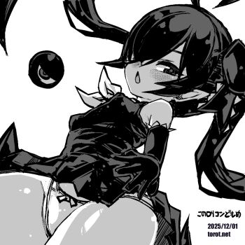 1girl ahoge backbeako_(torotei) backbeard bare_shoulders blush bow bow_panties breasts chestnut_mouth commentary_request cowboy_shot dated dated_commentary dress dutch_angle elbow_gloves gegege_no_kitarou gloves greyscale hair_over_one_eye hair_ribbon kono_lolicon_domome long_hair looking_at_viewer monochrome neckerchief open_mouth original paid_reward_available panties pear-shaped_figure pointy_ears ribbon simple_background sleeveless sleeveless_dress small_breasts solo torotei translated twintails underwear upskirt watermark web_address white_background
