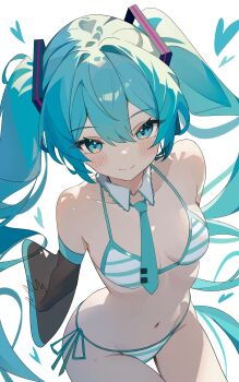 1girl absurdres ai-assisted aqua_bikini aqua_eyes aqua_hair aqua_necktie aqua_trim arm_at_side arm_behind_back bare_shoulders bikini black_sleeves blush breasts closed_mouth coco_irasuto commentary_request cowboy_shot detached_sleeves frilled_shirt_collar frills from_above hair_between_eyes hair_intakes hair_ornament hatsune_miku heart highres horizontal-striped_bikini long_hair long_sleeves looking_at_viewer meme miku_collar_bikini navel necktie see-through_clothes see-through_sleeves side-tie_bikini_bottom simple_background sitting small_breasts smile solo striped_bikini striped_clothes swimsuit tie_clip twintails vocaloid white_background white_bikini