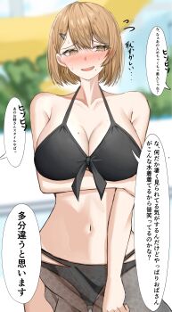 1girl absurdres arm_under_breasts averting_eyes bikini black_bikini black_sarong blurry blurry_background blush breasts brown_eyes brown_hair cleavage collarbone commentary_request cowboy_shot facing_viewer flying_sweatdrops highres kei8987 large_breasts navel nervous_smile nervous_sweating open_mouth original sarong see-through_clothes see-through_sarong short_hair smile solo speech_bubble sweat swimsuit translation_request