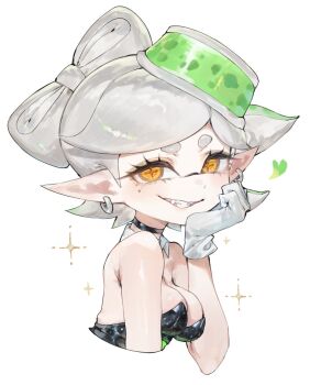 1girl black_choker black_dress bow-shaped_hair breasts choker cleavage collar commentary_request cross-shaped_pupils detached_collar dress earrings gloves gradient_hair green_hair grey_hair grin hand_on_own_cheek hand_on_own_face highres inkling jewelry long_pointy_ears looking_at_viewer marie_(splatoon) medium_hair mole mole_under_eye multicolored_hair nintendo pointy_ears simple_background small_breasts smile solo splatoon_(series) strapless strapless_dress symbol-shaped_pupils tentacle_hair thick_eyebrows togetoge white_background white_collar white_gloves yellow_eyes