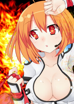 10s 1girl :o ahoge breasts cleavage collarbone female_focus headset kami_jigen_game_neptune_v large_breasts marvelous marvelousaql_(neptunia) meimu_(infinity) microphone musical_note-shaped_pupils neptune_(series) orange_hair red_eyes short_hair solo symbol-shaped_pupils unbuttoned