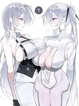 ... 2girls ? amu1207 armpit_cutout asymmetrical_docking backless_shirt bare_shoulders black_choker black_corset blue_eyes bodysuit breast_press breasts brid_(nikke) brid_(silent_track)_(nikke) button_gap chest_harness choker cinderella_(nikke) clothing_cutout collarbone collared_shirt commentary corset covered_collarbone covered_navel cowboy_shot earrings face-to-face floating_earrings flying_sweatdrops gloves goddess_of_victory:_nikke grey_hair hair_between_eyes hair_down hair_over_one_eye half_gloves harness highres jewelry large_breasts leg_cutout long_hair multiple_girls official_alternate_costume official_alternate_hairstyle pants parted_lips profile see-through_bodysuit see-through_cleavage see-through_clothes shared_speech_bubble shirt sideboob sideless_shirt sidelocks simple_background skindentation sleeveless speech_bubble spoken_ellipsis spoken_question_mark standing stomach_cutout sweatdrop tight_clothes tight_pants trait_connection twintails very_long_hair white_background white_bodysuit white_pants white_shirt