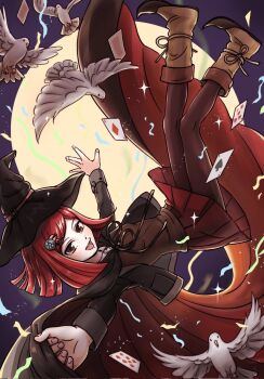 1girl ace_(playing_card) ace_of_diamonds ace_of_spades bird black_jacket black_ribbon bob_cut boots brown_boots brown_eyes brown_vest cape card collared_shirt commentary_request confetti danganronpa_(series) danganronpa_v3:_killing_harmony diamond_(shape) dove eyelashes fingernails five_of_hearts full_moon hair_ornament highres jacket legs_up long_sleeves midair moon neck_ribbon open_clothes open_jacket open_mouth outstretched_arms pantyhose playing_card red_cape red_hair red_pantyhose red_skirt ribbon seven_of_diamonds shirt short_hair skirt smile solo spade_(shape) sparkle spread_arms teeth upper_teeth_only vest yuichan200113 yumeno_himiko