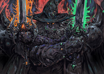 1boy beard carpet_crawler dual_wielding facial_hair gloves glowing glowing_sword glowing_weapon hat highres holding holding_sword holding_weapon inscryption looking_at_viewer male_focus master_goranj orange_eyes solo sword tusks underbite upper_body weapon wings witch_hat