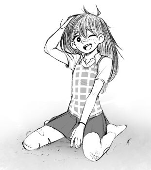 1girl ;d aged_down ankle_socks arm_between_legs arm_up bandaid bandaid_on_face bandaid_on_nose bandaid_on_thigh bracelet bright_pupils cabronpr child collared_shirt commentary double-parted_bangs english_commentary fingernails full_body grey_background greyscale hair_behind_ear hair_between_eyes highres jewelry long_hair looking_at_viewer mari_(faraway)_(omori) mari_(omori) messy_hair monochrome no_shoes omori one_eye_closed open_mouth raised_inner_eyebrows scratches shirt short_sleeves simple_background sitting smile socks solo sweatdrop sweater_vest teeth tongue upper_teeth_only wariza white_background
