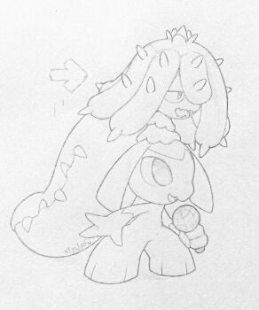 1girl arrow_(symbol) artist_name extra_mouth fangs female_focus flat_chest friday_night_funkin' full_body gen_3_pokemon gen_7_pokemon greyscale half-closed_eyes happy highres holding holding_microphone long_hair looking_to_the_side mareanie mawaifu mawile microphone monochrome music nintendo on_head open_mouth outstretched_arm pokemon pokemon_(creature) pokemon_on_head ponytail sharp_teeth signature simple_background singing sketch skin_fangs smile spikes standing teeth tentacles thick_thighs thighs traditional_media very_long_hair white_background