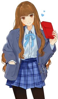 Rule 34 | 1girl, black pantyhose, blue ribbon, blue skirt, box, brown eyes, brown hair, collared shirt, commentary, cowboy shot, fate/grand order, fate (series), grey jacket, grin, hand in pocket, hand up, heart, highres, holding, holding box, jacket, kishinami hakuno (female), light blush, long hair, long sleeves, looking at viewer, neck ribbon, official alternate costume, open clothes, open jacket, pantyhose, plaid clothes, plaid skirt, ribbon, school uniform, shirt, shirt tucked in, simple background, skirt, smile, solo, standing, urtk07, white background, white shirt