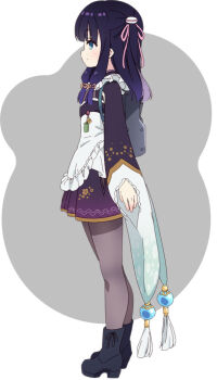 Rule 34 | 1girl, anime coloring, apron, black hair, blue boots, blue eyes, blunt bangs, blush, boots, closed mouth, colored inner hair, frilled apron, frills, from side, full body, grey background, hair ornament, hair ribbon, haizakura (prima doll), japanese clothes, kimono, long hair, low-tied sidelocks, multicolored hair, na-ga, official art, omamori, open hand, outstretched arm, pantyhose, pink hair, pink ribbon, prima doll (anime), profile, purple kimono, purple pantyhose, ribbon, short kimono, sidelocks, solo, standing, two-tone background, two-tone hair, two side up, waist apron, white apron, white background, wide sleeves