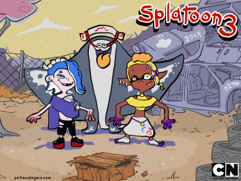 1boy 2girls big_man_(splatoon) blonde_hair blue_hair cartoon_network dark-skinned_female dark_skin ed_edd_n_eddy fangs frye_(splatoon) highres inkling marie_kanker multiple_girls nintendo non-web_source octoling parody pointy_ears self-upload shiver_(splatoon) splatoon_(series) splatoon_3 style_parody tentacle_hair tongue tongue_out